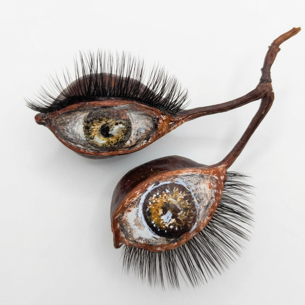 Seed pods painted with human eyes and long eyelashes attached