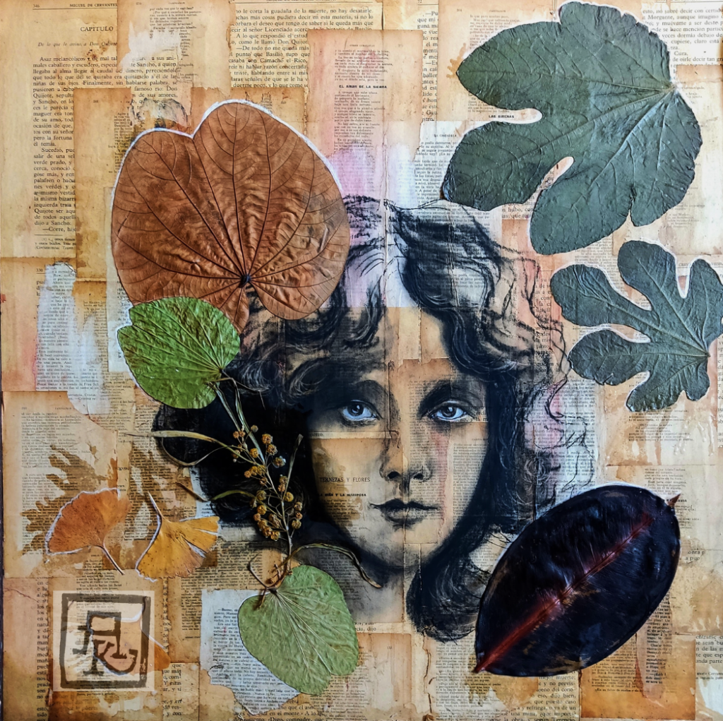Paper collage on wood, charcoil and dried leaves, encaustic finish 80x80cm 